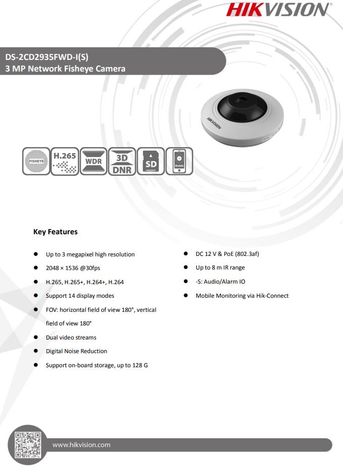 HIKVISION DS-2CD2935FWD-I 3MP Fisheye Fixed Dome Network Camera