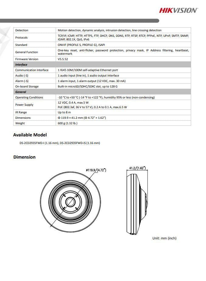 HIKVISION DS-2CD2935FWD-I 3MP Fisheye Fixed Dome Network Camera