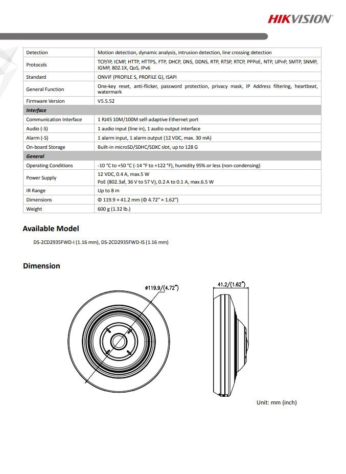 HIKVISION DS-2CD2935FWD-IS 3MP Fisheye Fixed Dome Network Camera