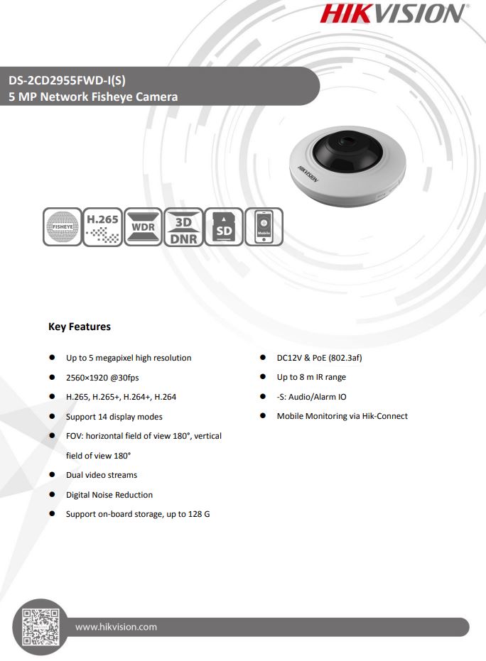 HIKVISION DS-2CD2955FWD-I 5MP Fisheye Fixed Dome Network Camera