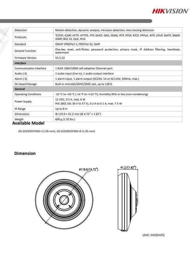 HIKVISION DS-2CD2955FWD-I 5MP Fisheye Fixed Dome Network Camera