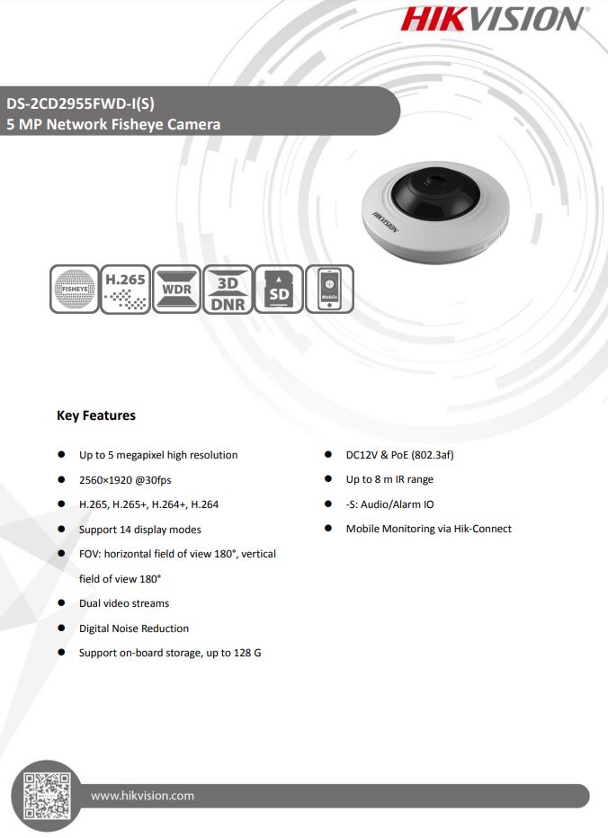 HIKVISION DS-2CD2955FWD-IS 5MP Fisheye Fixed Dome Network Camera