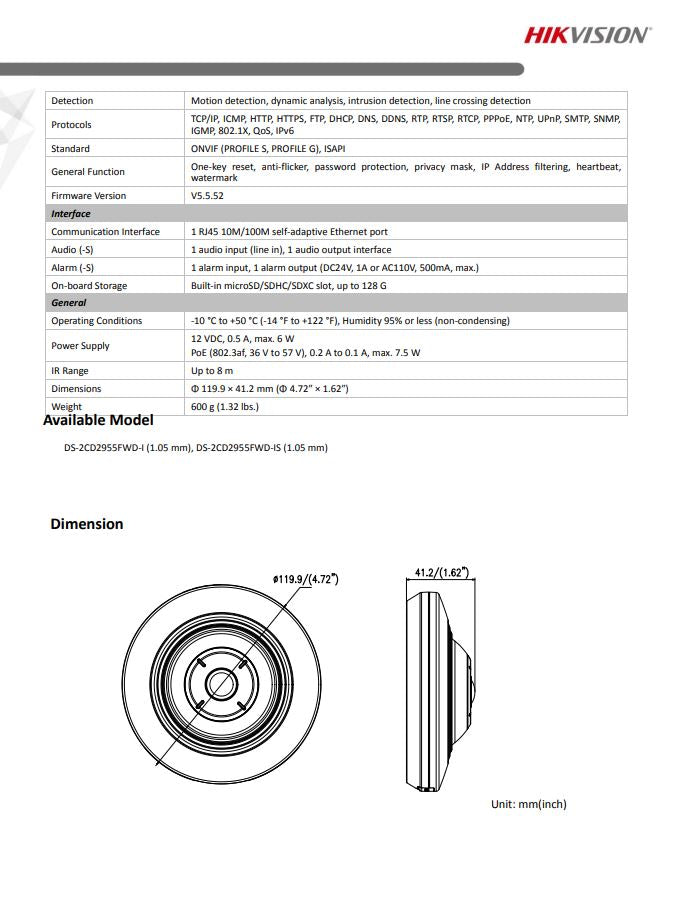 HIKVISION DS-2CD2955FWD-IS 5MP Fisheye Fixed Dome Network Camera