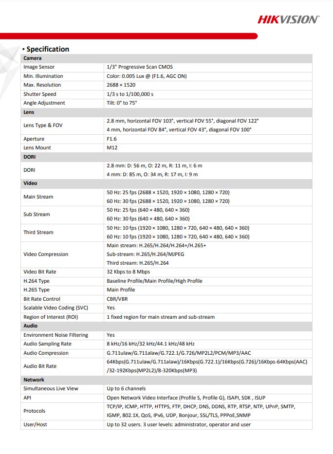 HIKVISION  DS-2CD2E43G2-U 4MP AcuSense In-Ceiling Fixed Mini Dome Network Camera