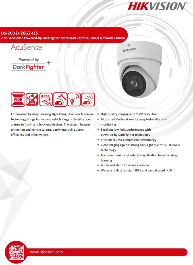 HIKVISION DS-2CD2H26G2-IZS(C) 2MP AcuSense Motorized Varifocal Turret Network Camera