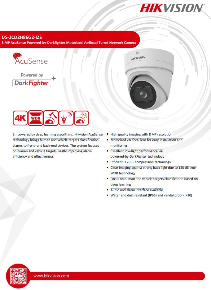 HIKVISION DS-2CD2H86G2-IZS(C) 4K AcuSense Motorized Varifocal Turret Network Camera