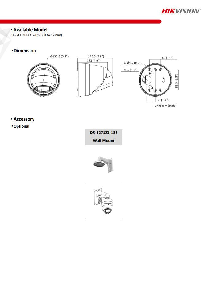 HIKVISION DS-2CD2H86G2-IZS(C) 4K AcuSense Motorized Varifocal Turret Network Camera