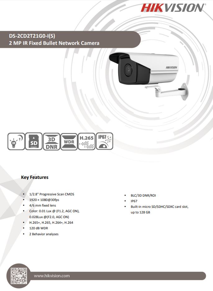 HIKVISION DS-2CD2T21G0-I 2MP WDR Fixed Bullet Network Camera