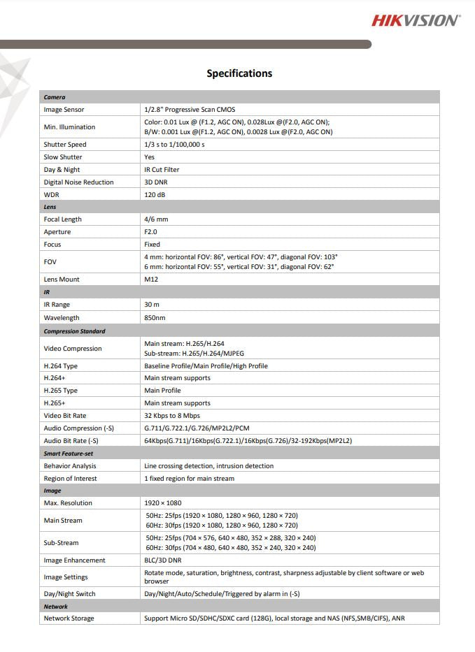 HIKVISION DS-2CD2T21G0-I 2MP WDR Fixed Bullet Network Camera