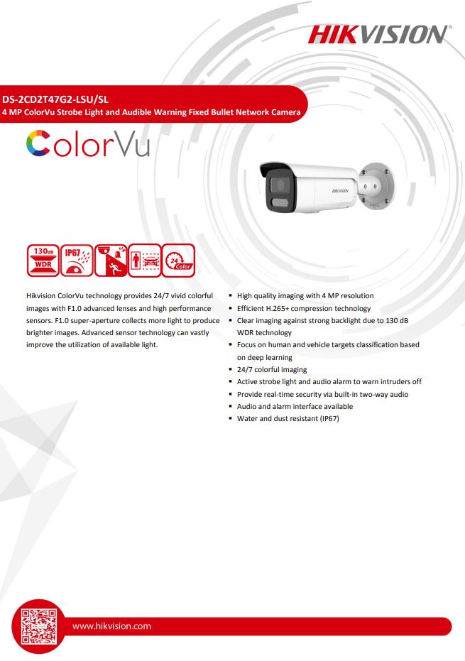 HIKVISION DS-2CD2T47G2-LSU/SL(C) 4MP ColorVu Strobe Light & Audible Warning Fixed Bullet Network Camera