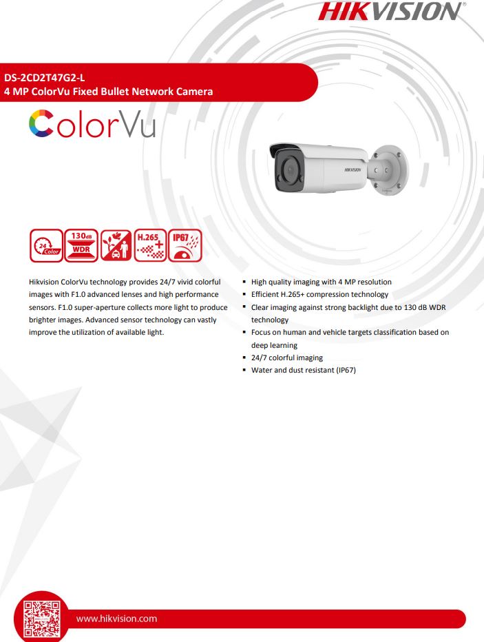 HIKVISION  DS-2CD2T47G2-L(C) 4MP ColorVu Fixed Bullet Network Camera