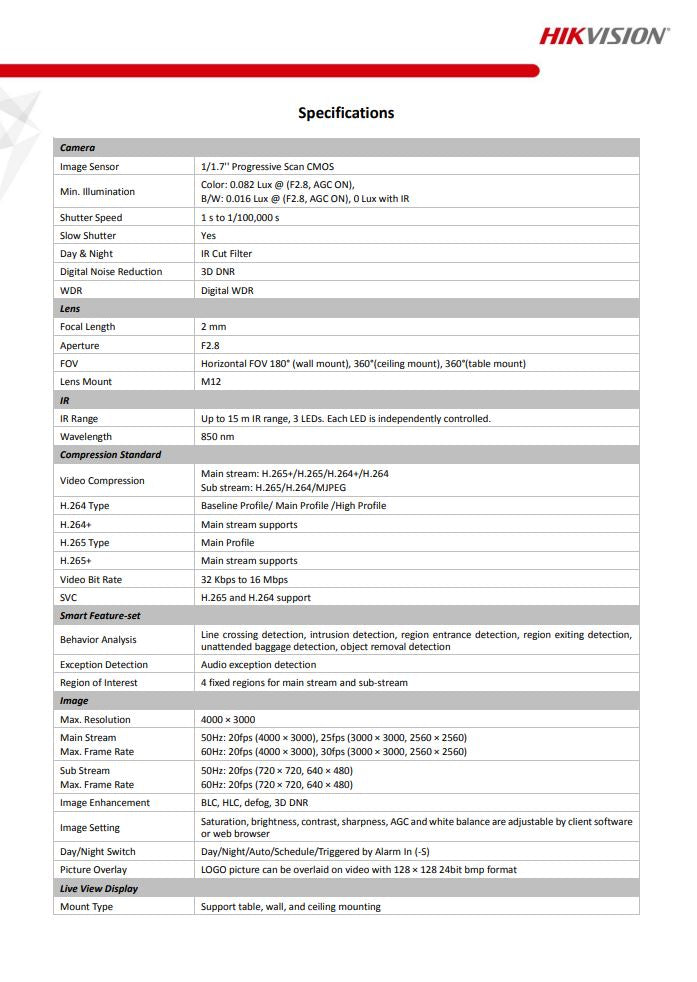 HIKVISION DS-2CD63C5G0E-IVS 12MP IR Network Fisheye Camera