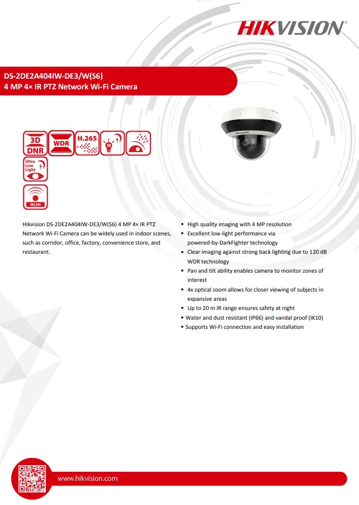 HIKVISION DS-2DE2A404IW-DE3/W(C0)(S6) 2" 4MP 4X Powered by DarkFighter IR Network Speed Dome