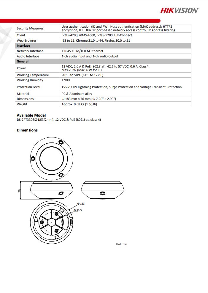 HIKVISION DS-2PT3306IZ-DE3(2mm) PT3mini PanoVu Camera