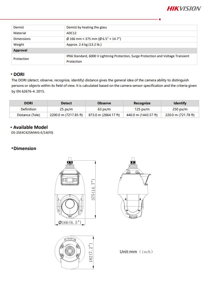 HIKVISION DS-2SE4C425MWG-E(14F0) TandemVu 4" 4MP 25X Colorful & IR Network Speed Dome