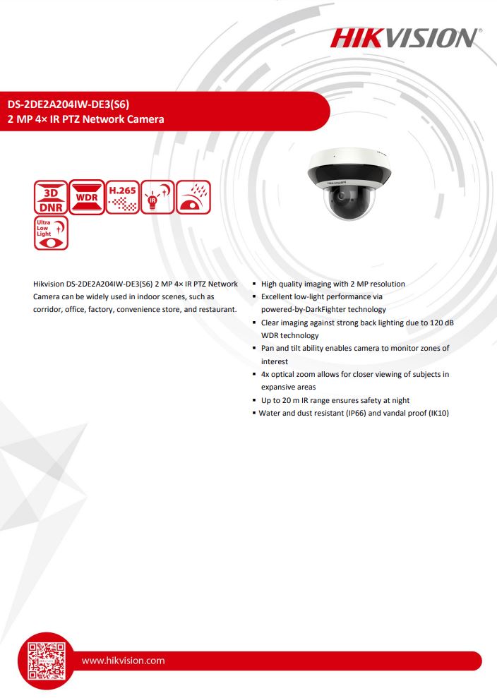 HIKVISION DS-2DE2A204IW-DE3(C0)(S6) 2" 2MP 4X Powered by DarkFighter IR Network Speed Dome