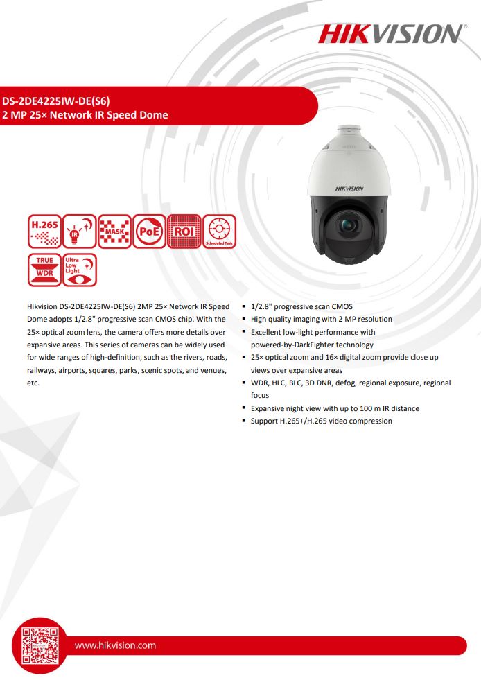 HIKVISIION DS-2DE4225IW-DE(S6) 4" 2MP 25X Powered by DarkFighter IR Network Speed Dome with brackets