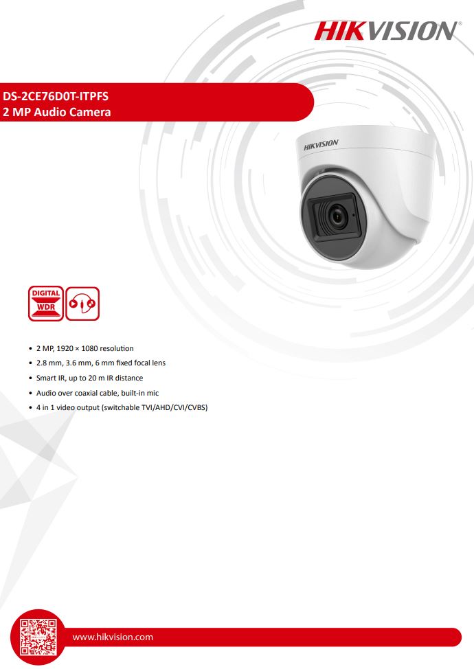 HIKVISION 2MP DS-2CE76D0T-ITPFS AUDIO INDOOR FIXED TURRET CAMERA