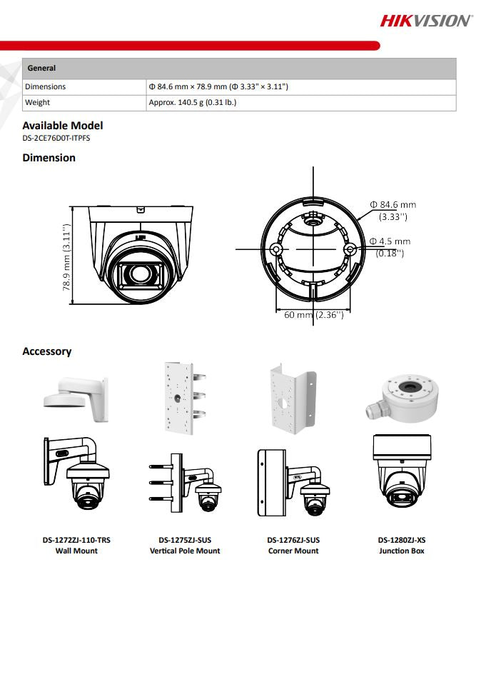 HIKVISION 2MP DS-2CE76D0T-ITPFS AUDIO INDOOR FIXED TURRET CAMERA