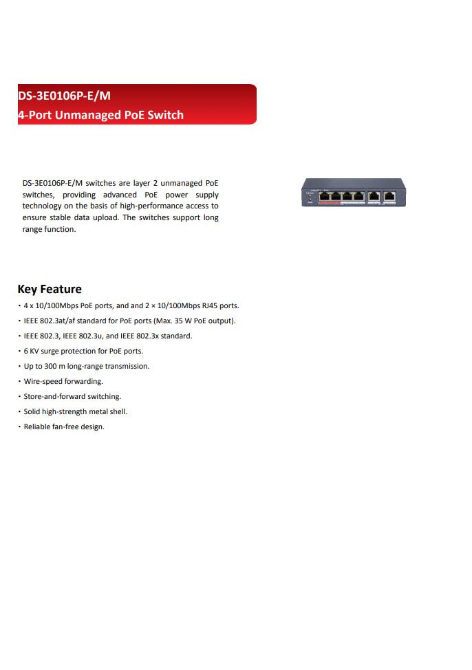 HIKVISION 4 Port Fast Ethernet DS-3E0106P-E/M Unmanaged POE Switch