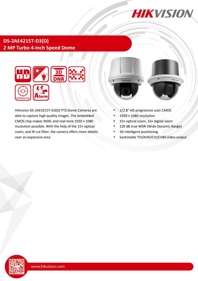 HIKVISION DS-2AE4215T-D3(D) 4" 2MP 15X Powered by DarkFighter Indoor Analog Speed Dome