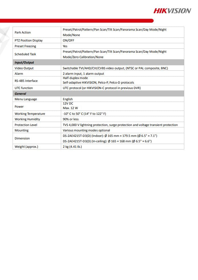 HIKVISION DS-2AE4215T-D3(D) 4" 2MP 15X Powered by DarkFighter Indoor Analog Speed Dome