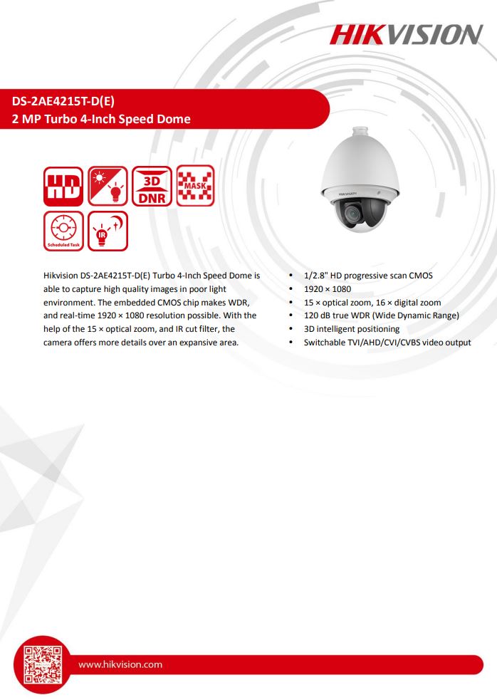 HIKVISION DS-2AE4215T-D(E) with brackets 4" 2MP 15X Powered by DarkFighter Analog Speed Dome