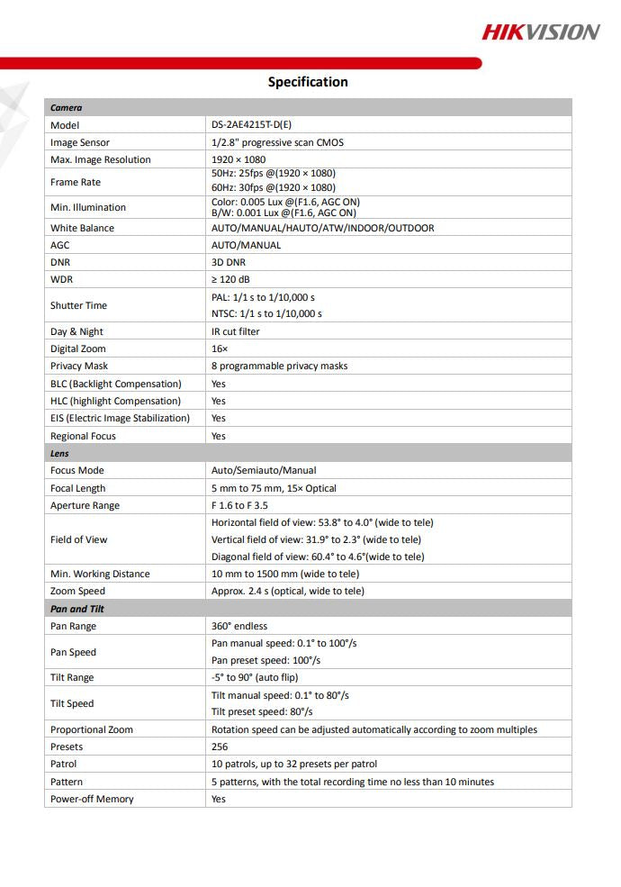 HIKVISION DS-2AE4215T-D(E) with brackets 4" 2MP 15X Powered by DarkFighter Analog Speed Dome