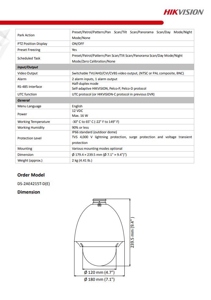 HIKVISION DS-2AE4215T-D(E) with brackets 4" 2MP 15X Powered by DarkFighter Analog Speed Dome