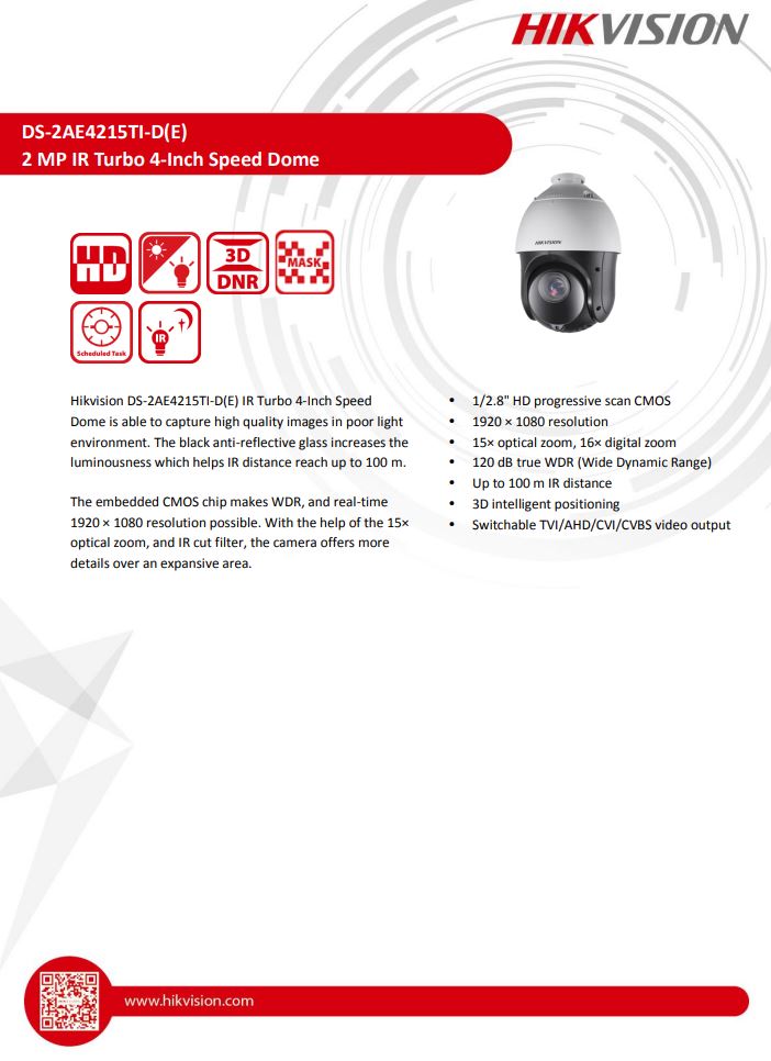 HIKVISION  DS-2AE4215TI-D(E) with brackets 4" 2MP 15X Powered by DarkFighter IR Analog Speed Dome