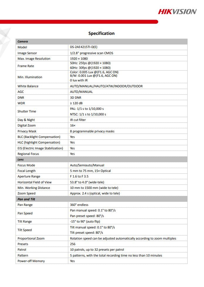 HIKVISION  DS-2AE4215TI-D(E) with brackets 4" 2MP 15X Powered by DarkFighter IR Analog Speed Dome