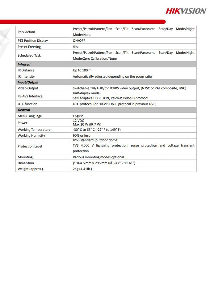 HIKVISION  DS-2AE4215TI-D(E) with brackets 4" 2MP 15X Powered by DarkFighter IR Analog Speed Dome