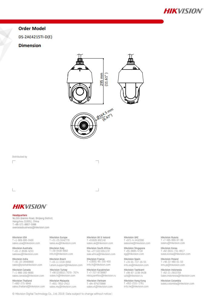 HIKVISION  DS-2AE4215TI-D(E) with brackets 4" 2MP 15X Powered by DarkFighter IR Analog Speed Dome