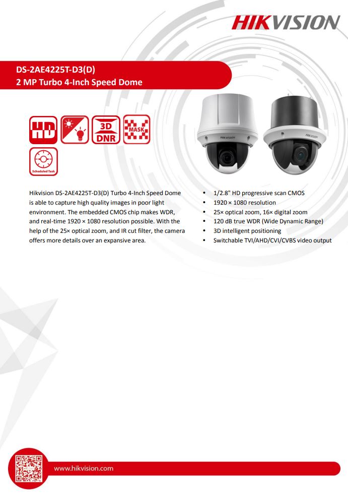 HIKVISION DS-2AE4225T-D3(D) 4" 2MP 25X Powered by DarkFighter Indoor Analog Speed Dome