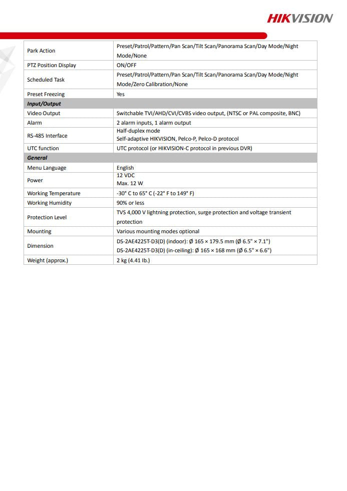 HIKVISION DS-2AE4225T-D3(D) 4" 2MP 25X Powered by DarkFighter Indoor Analog Speed Dome