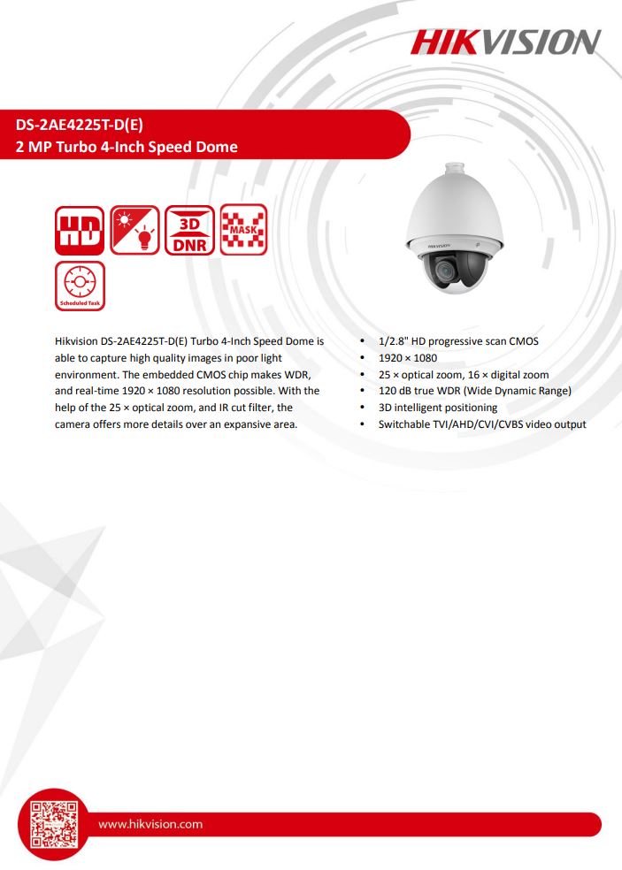 HIKVISION DS-2AE4225T-D(E) with brackets 4" 2MP 25X Powered by DarkFighter Analog Speed Dome