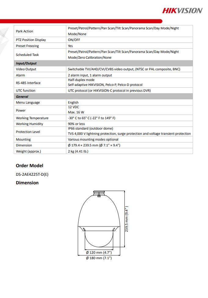 HIKVISION DS-2AE4225T-D(E) with brackets 4" 2MP 25X Powered by DarkFighter Analog Speed Dome