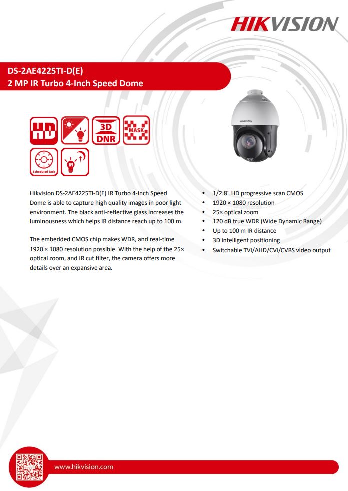 HIKVISION DS-2AE4225TI-D(E) with brackets 4" 2MP 25X Powered by DarkFighter IR Analog Speed Dome