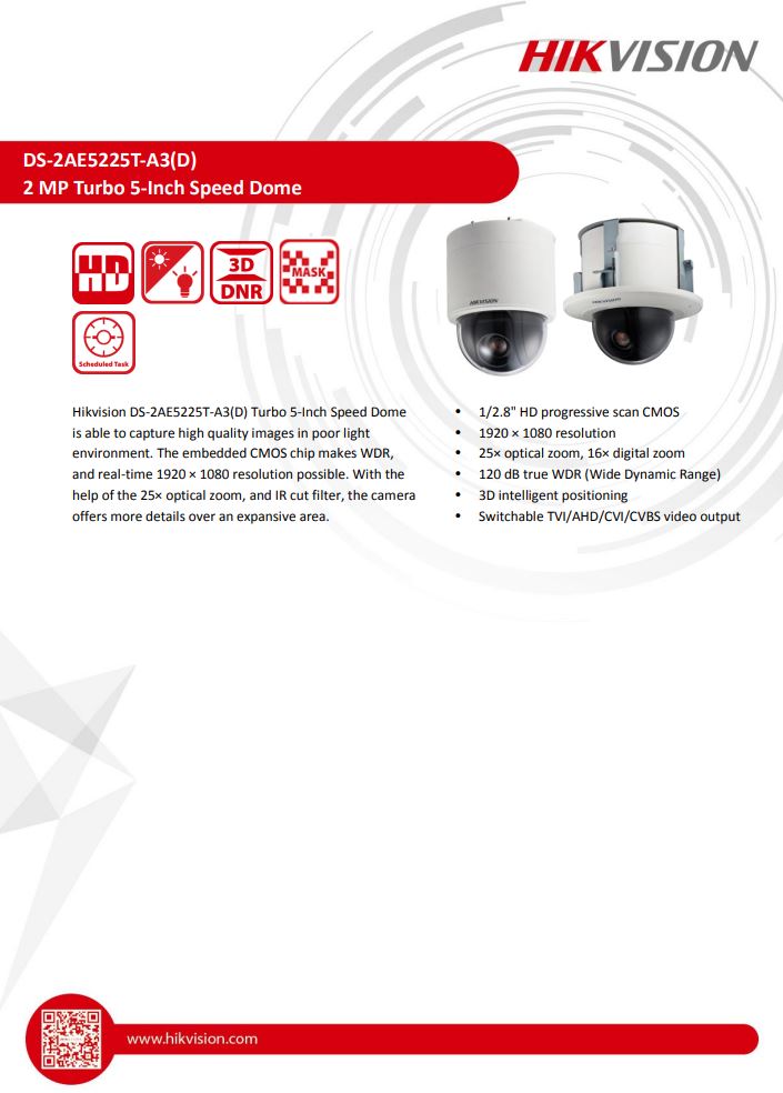 HIKVISION DS-2AE5225T-A3(D) 5" 2MP 25X Powered by DarkFighter Indoor Analog Speed Dome