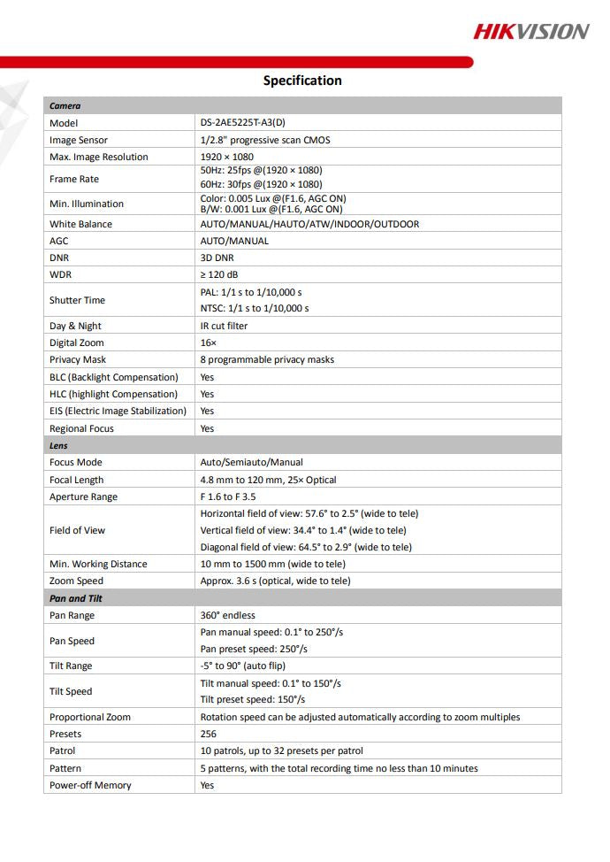 HIKVISION DS-2AE5225T-A3(D) 5" 2MP 25X Powered by DarkFighter Indoor Analog Speed Dome