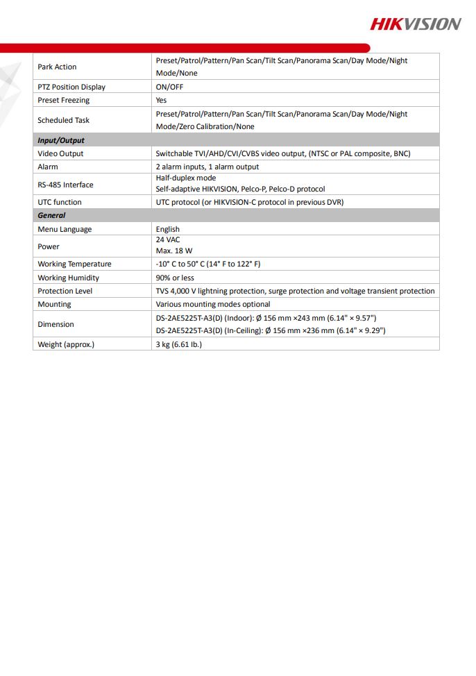 HIKVISION DS-2AE5225T-A3(D) 5" 2MP 25X Powered by DarkFighter Indoor Analog Speed Dome