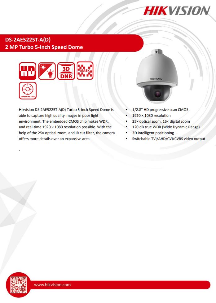 HIKVISION DS-2AE5225T-A(E) with brackets 5" 2MP 25X Powered by DarkFighter Analog Speed Dome