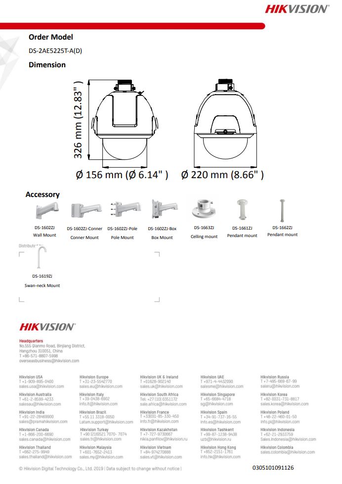 HIKVISION DS-2AE5225T-A(E) with brackets 5" 2MP 25X Powered by DarkFighter Analog Speed Dome