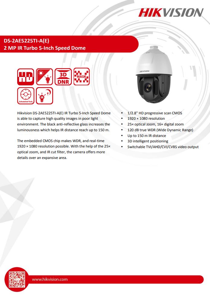 HIKVISION DS-2AE5225TI-A(E) with brackets 5" 2MP 25X Powered by DarkFighter IR Analog Speed Dome