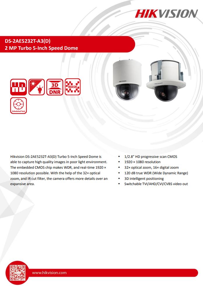 HIKVISION DS-2AE5232T-A3(D) 5" 2MP 32X Powered by DarkFighter Indoor Analog Speed Dome