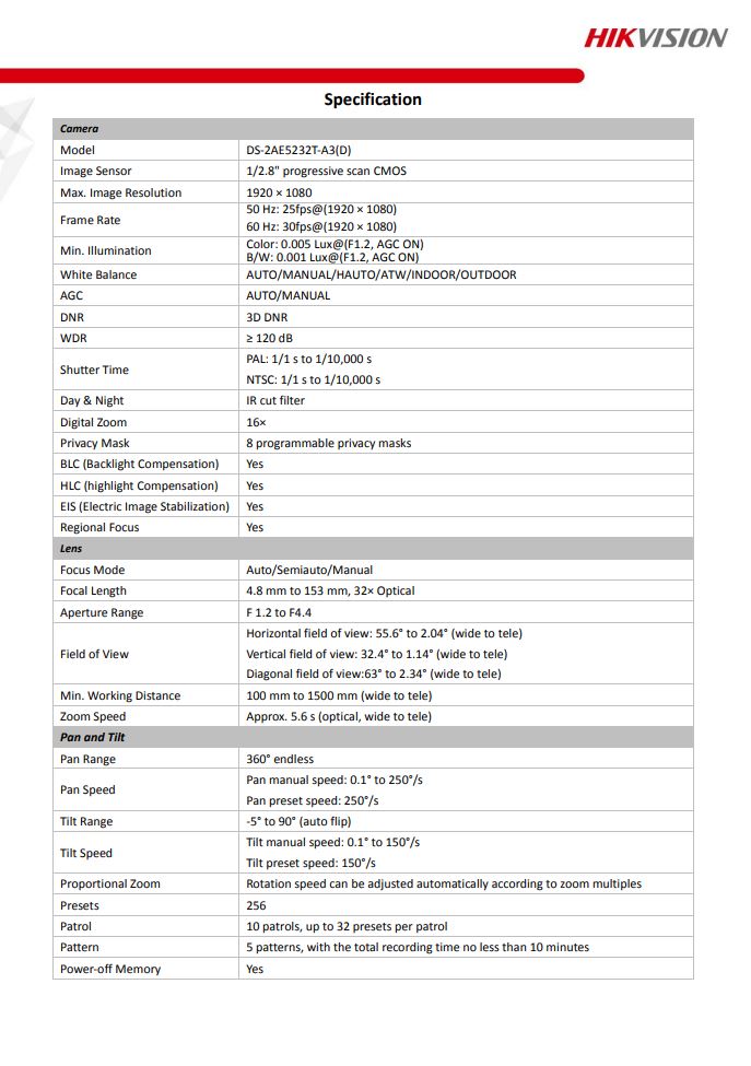 HIKVISION DS-2AE5232T-A3(D) 5" 2MP 32X Powered by DarkFighter Indoor Analog Speed Dome