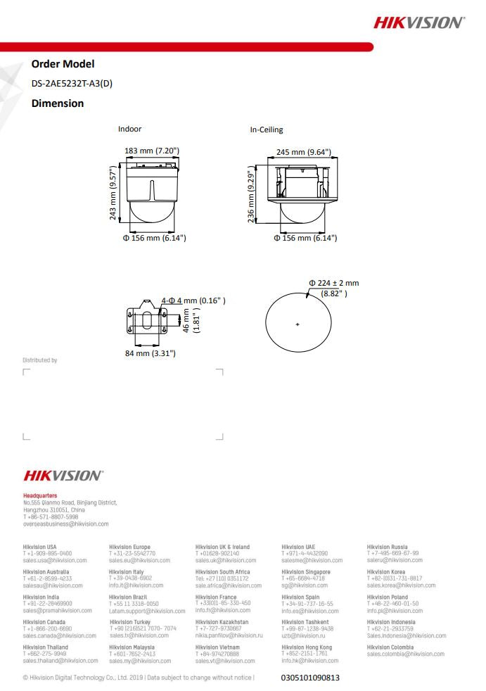 HIKVISION DS-2AE5232T-A3(D) 5" 2MP 32X Powered by DarkFighter Indoor Analog Speed Dome