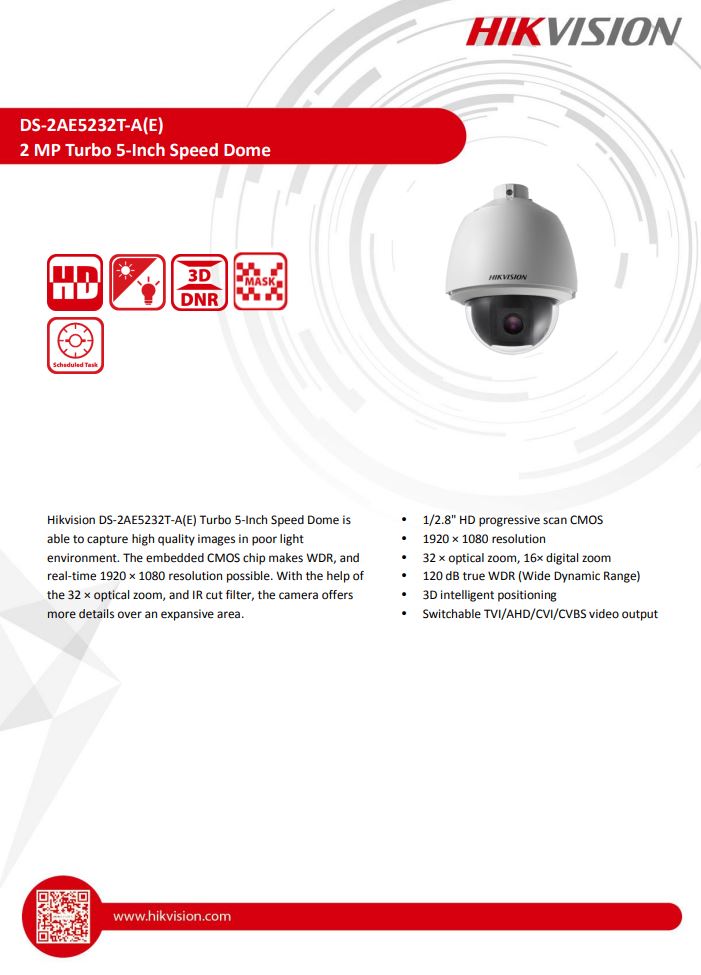 HIKVISION DS-2AE5232T-A(E) with brackets 5" 2MP 32X Powered by DarkFighter Analog Speed Dome