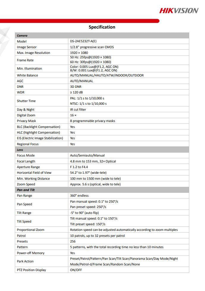 HIKVISION DS-2AE5232T-A(E) with brackets 5" 2MP 32X Powered by DarkFighter Analog Speed Dome