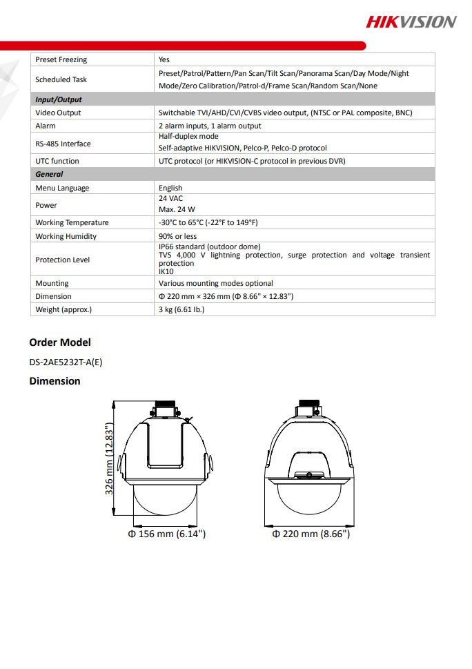 HIKVISION DS-2AE5232T-A(E) with brackets 5" 2MP 32X Powered by DarkFighter Analog Speed Dome